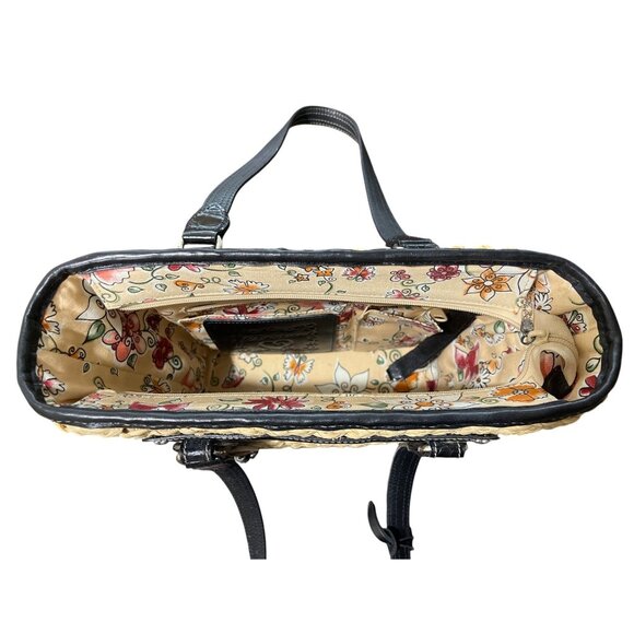 Brighton Cody Woven Straw Tote Bag Black-Leather-Trim Basket Weave Floral-Inside - Picture 3 of 7